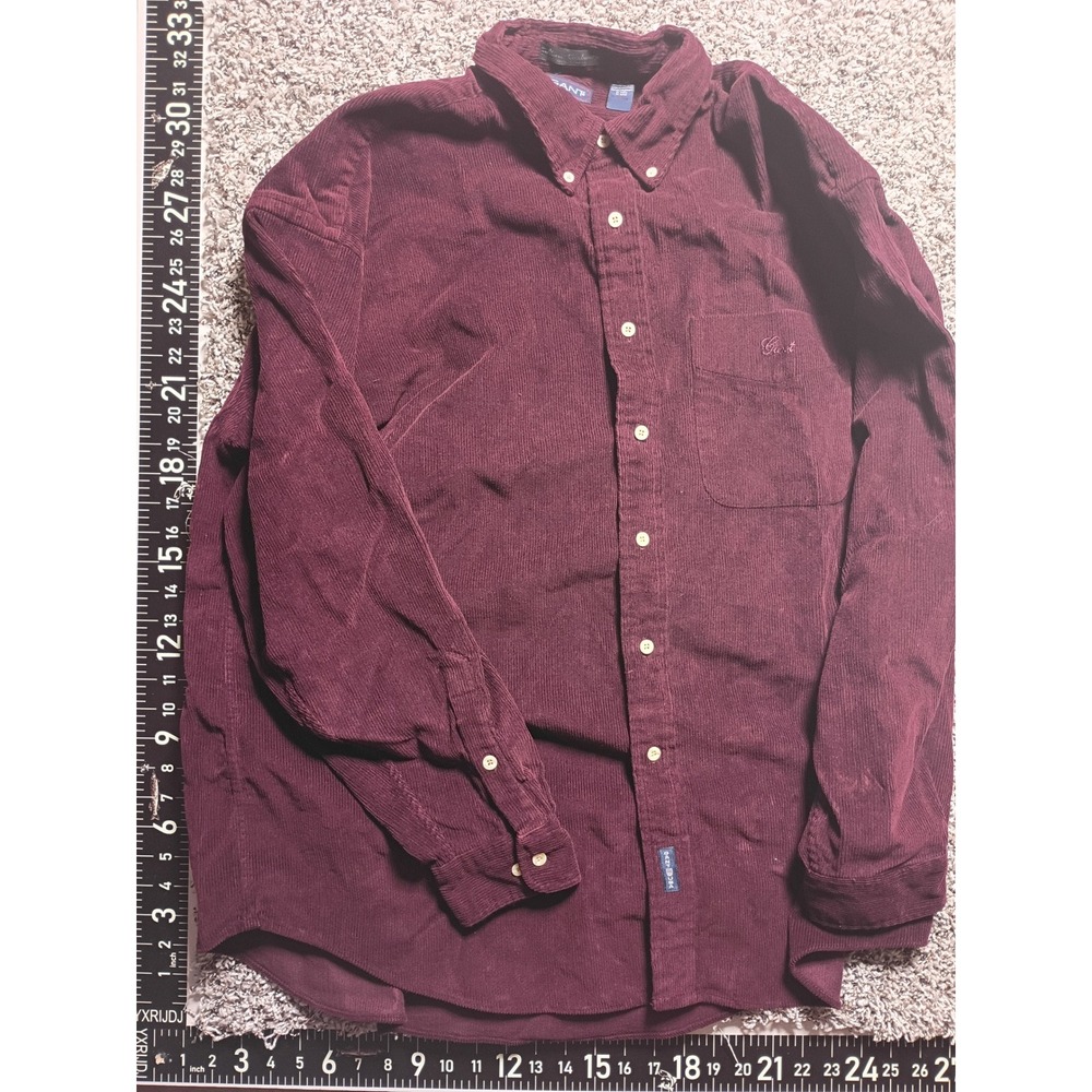 Gant Mens XL Mini Corduroy Button Down Shirt Burgundy Maroon Long Sleeve Cotton
